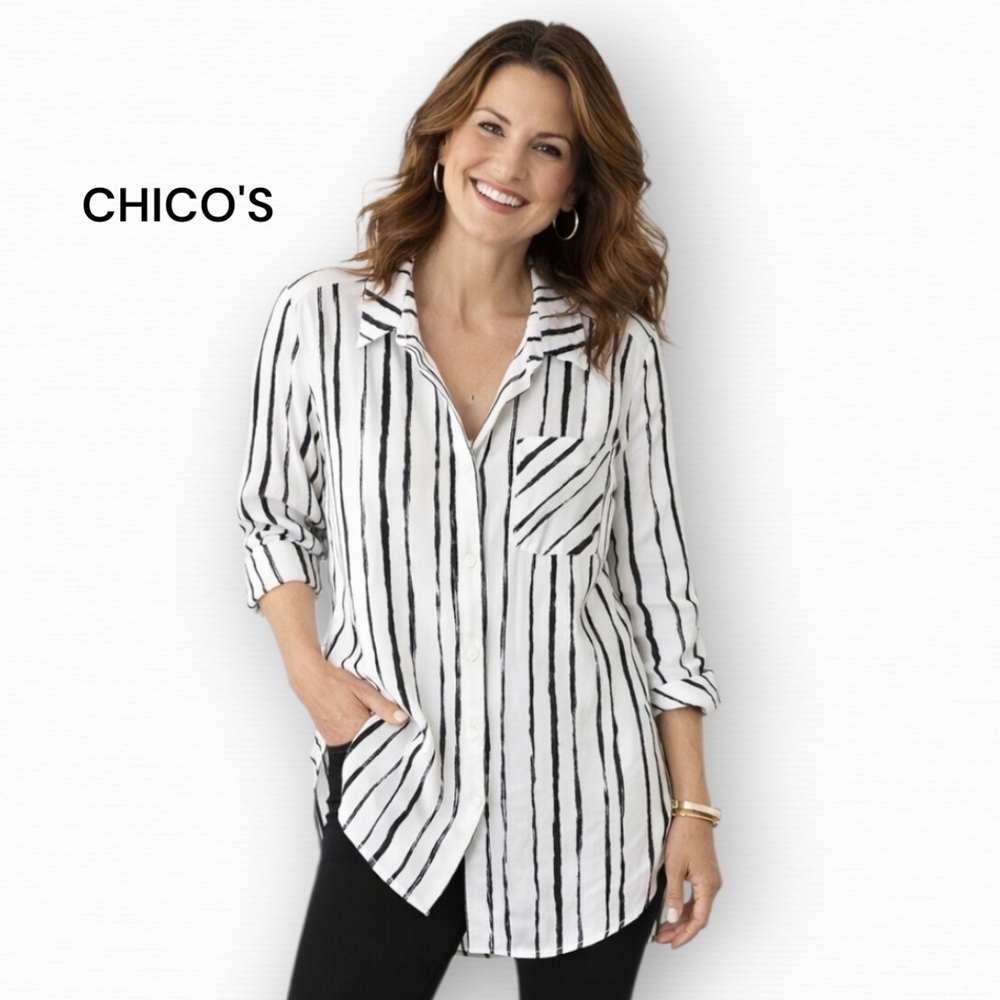 Chico's Black and White Striped Button Down Shirt